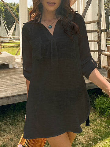Woochic blouse avec poches v-cou femme décontracté cover up de plage Noir S